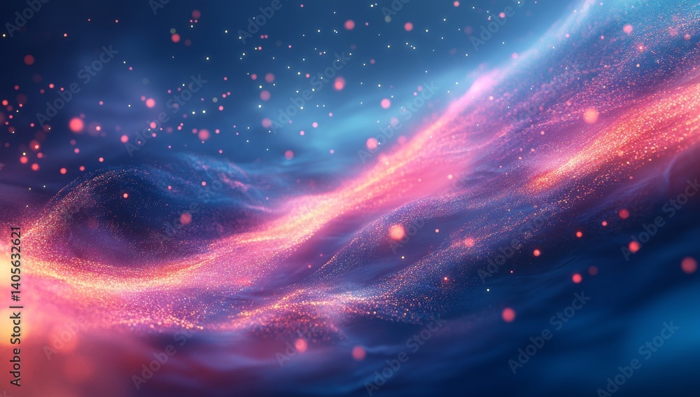 Poster abstract digital art of swirling, vibrant energy waves. particles of light and color create a dynami
