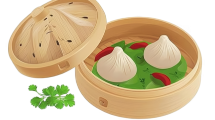Isolated Illustration of Dumplings Steaming in Bamboo Basket for Cuisine