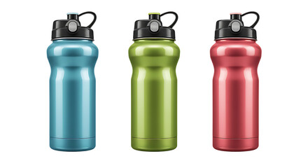 Three stylish metal water bottles placed on a white background looking modern, colorful, and perfect for fitness enthusiasts, gym sessions, or outdoor travel use.