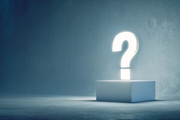 Illuminated question mark on a white pedestal against a blue textured background, symbolizing inquiry, uncertainty, or the search for answers, ideal for concept or presentation