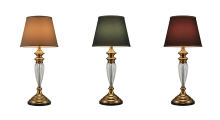 Three decorative lamps with colorful shades placed neatly on a white background looking elegant,...