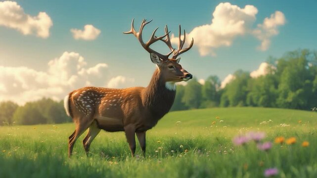 A big Black-tailed Deer male grazing in a field.