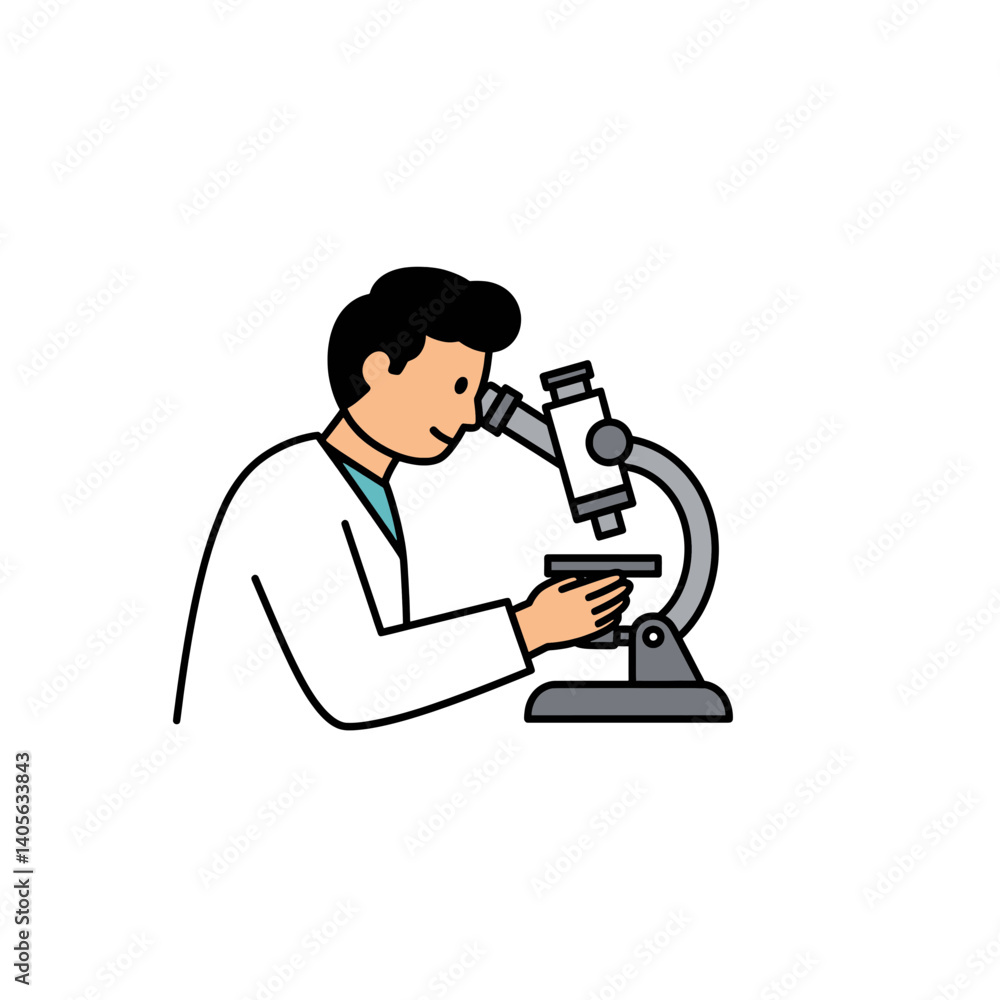 Poster scientist using microscope: a scientist meticulously examines a specimen through a microscope, his f