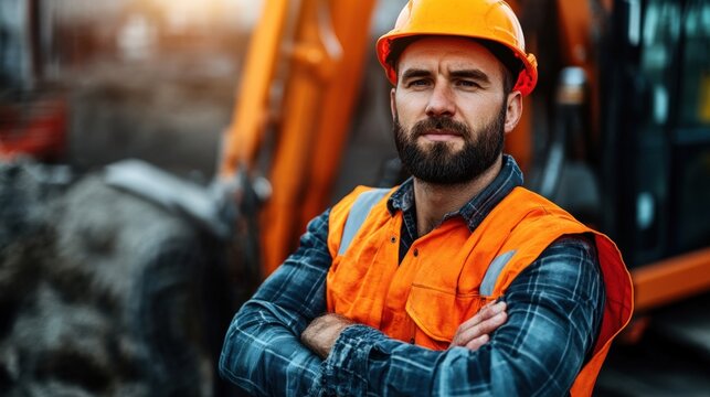 A rugged mining worker in protective gear standing next to a drilling machine, surveying the excavation progress, with copy space - Powered by Adobe