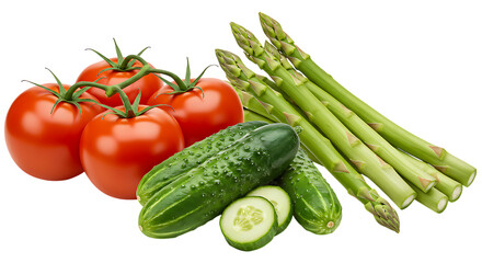 Fresh tomatoes, cucumbers, and asparagus placed neatly on a white background looking colorful, healthy, and perfect for salads, cooking, and kitchen recipes.