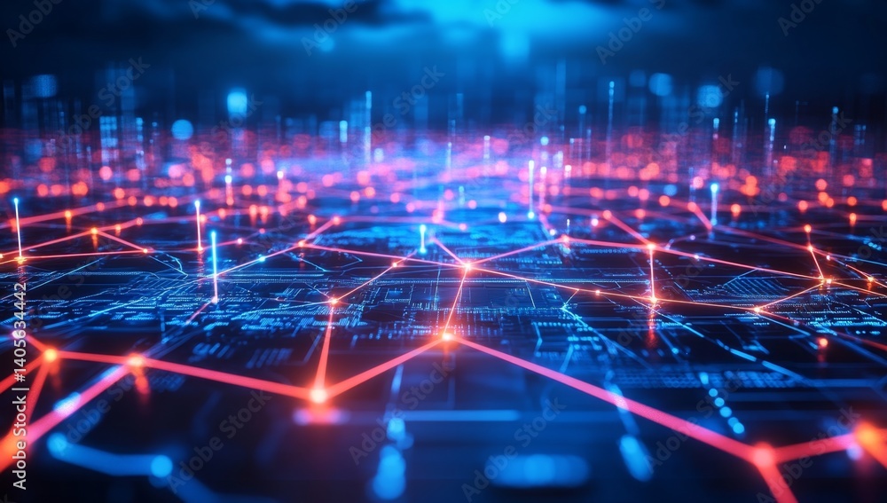 Poster futuristic cityscape network overlaid on a circuit board, representing interconnected digital data s
