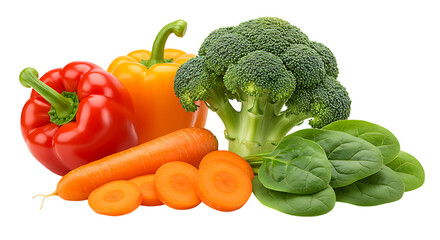 Assorted fresh vegetables including broccoli, spinach, carrots, and bell peppers placed neatly on a white background looking vibrant, healthy, and organic.
