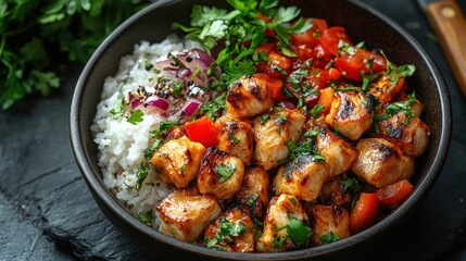 Bowl of grilled chicken, rice, and fresh vegetables garnished with herbs