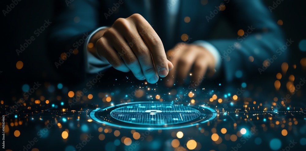 Poster a businessman's hand interacts with a glowing digital security interface, creating a futuristic and 