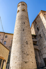 The cylindrical bell tower (in Italian "Campanile cilindrico"), Romanesque architecture attached to the Cathedral of Santi Florido and Amanzio, Città di Castello, Umbria region, Italy.