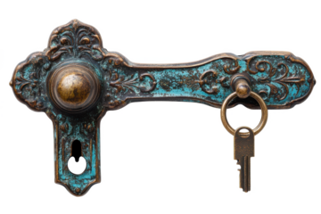 Antique door handle with key on white background