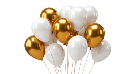White and gold balloons floating together on a white background looking festive, shiny, and perfect for parties, celebrations, and joyful events.