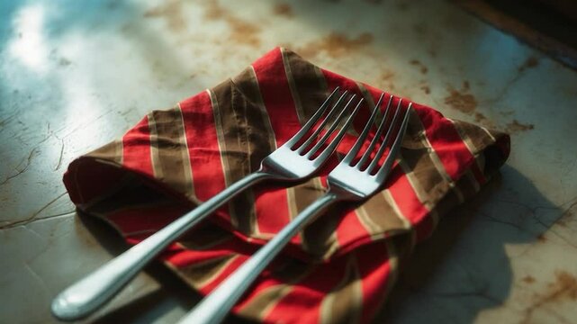 Two dining forks resting on a folded, creased table napkin featuring a red and brown stripe pattern atop a coordinating creased tablecloth laid out on a table or countertop.
