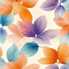 vibrant pattern featuring colorful leaves in shades of orange, purple, blue, and soft pastels, creating lively and cheerful atmosphere. Perfect for various design projects