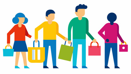 Happy shoppers walking with bags on a white background, representing a shopping scene full of excitement, purchases, and the joy of buying from favorite stores.