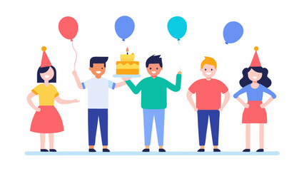 Fototapeta premium People celebrating a fun birthday party with cheerful characters standing in groups, enjoying the festive atmosphere and colorful decorations for a joyful event.