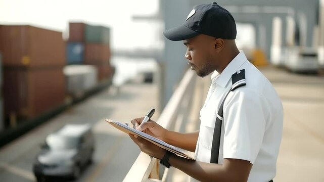 Customs officer conducting inspection at dock in morning breeze