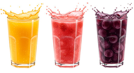 Three glasses filled with fresh fruit juices in orange, red, and purple colors placed neatly on a white background looking refreshing, vibrant, and healthy.