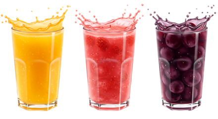 Three glasses filled with fresh fruit juices in orange, red, and purple colors placed neatly on a white background looking refreshing, vibrant, and healthy.