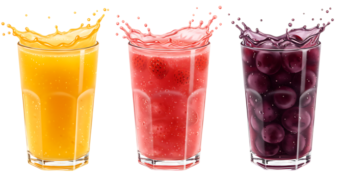 Three glasses filled with fresh fruit juices in orange, red, and purple colors placed neatly on a white background looking refreshing, vibrant, and healthy.