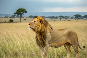 Fototapeta premium Majestic Lion Illustration with Golden Mane and Powerful Stance in a Wild Savanna Setting