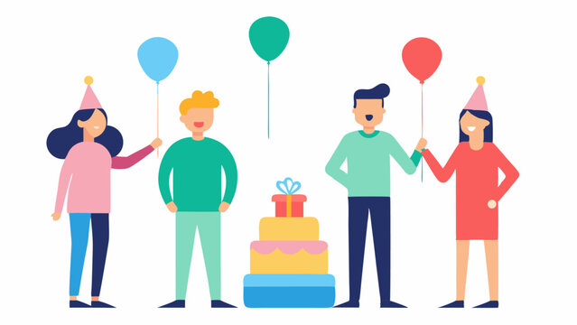 Joyful birthday celebration with cartoon people characters standing around, enjoying the event with balloons, party hats, and festive decorations in a lively setting.