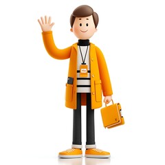 Cartoon Man Waving,  Holding Briefcase