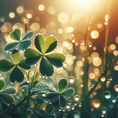 Dew-kissed clover in sunlit green meadow with soft bokeh background.
