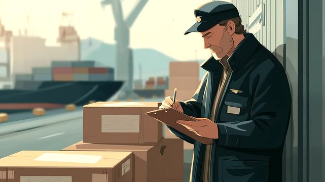 Customs Officers Scanning Cargo Boxes at a Busy Port