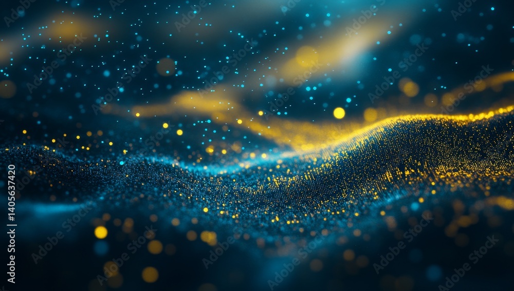 Poster abstract digital particles, swirling in dark blue and golden hues. particles creating wavy patterns 