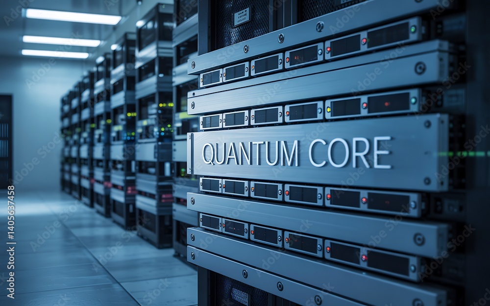 Poster modern data center with advanced server equipment and quantum core label. the scene is well-lit and 