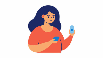 Illustration of a woman checking her blood sugar levels using a monitor as part of her daily diabetes care routine, promoting health awareness and self-care