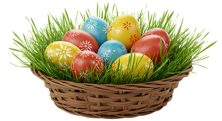 A basket filled with colorful Easter eggs placed neatly on a white background looking festive, vibrant, and perfect for Easter celebrations and decorations.