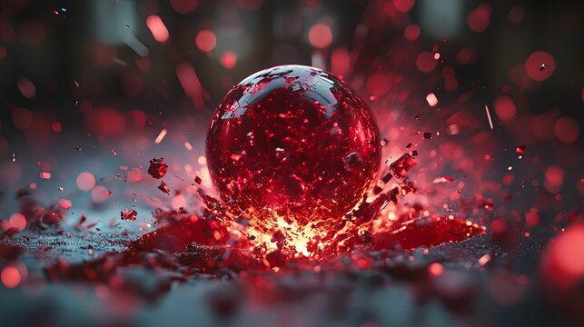 A vibrant red glass sphere shatters into a fiery explosion.