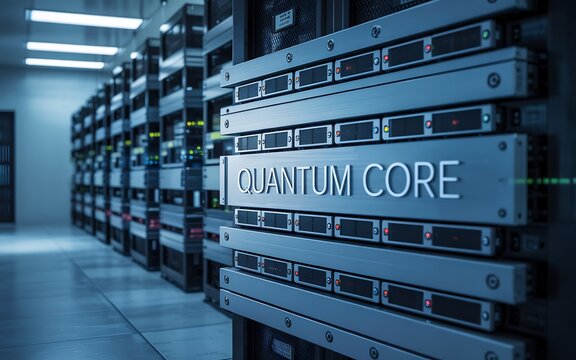Modern data center with advanced server equipment and quantum core label. The scene is well-lit and has a futuristic aesthetic - Powered by Adobe