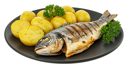 Grilled fish served with potatoes and herbs placed neatly on a black plate looking juicy, savory, and perfect for healthy seafood meals and gourmet dishes.
