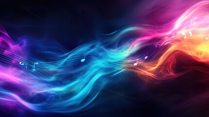 Fototapeta premium A smooth blend of blue and purple neon musical notes radiating from the center of the composition in a futuristic abstract style