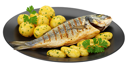 Grilled fish served with potatoes and parsley placed on a black plate looking juicy, healthy, and perfect for nutritious seafood meals and gourmet dining.