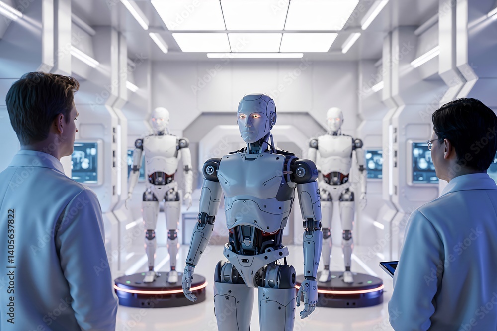 Poster two scientists observing a humanoid robot in a futuristic laboratory setting. other robots are visib