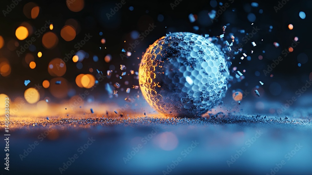 Poster a shattered golf ball exploding in a vibrant display of motion and color.