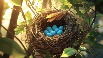 Beautiful Nest with Blue Eggs Surrounded by Green Leaves in Sunlight