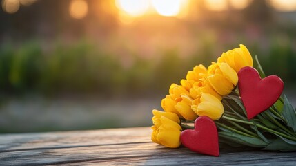 Bright Yellow Tulips with Red Hearts at Sunset in a Natural Setting