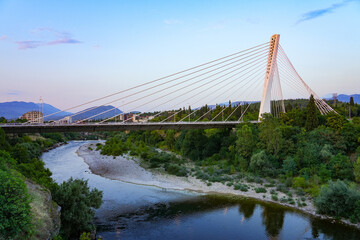 Millenium Bridge (Most Milenijum), a cable-stayed bridge that spans the Moraca river in Podgorica, the capital city of Montenegro in the Balkans