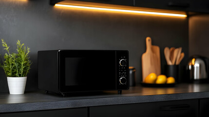 Modern kitchen with an advanced microwave oven highlighting innovative design and functionality at early evening