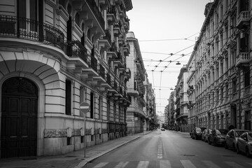 Fototapeta premium Bari city historic district with landmark buildings and cars parked alongside the road in Puglia (Apulia), Italy. A black and white photo.