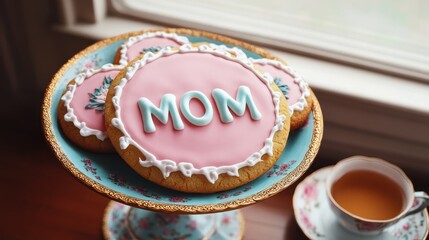 Beautiful Mom Cookies on Elegant Stand with Tea, Baking, and Love