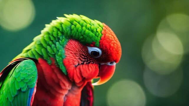 A detailed close-up of a chattering lorikeet, gazing downward against a green backdrop.