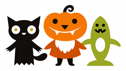 Retro Halloween characters in cartoon comic style featuring a black cat and spooky costumes, perfect for festive holiday themes and creative seasonal designs.