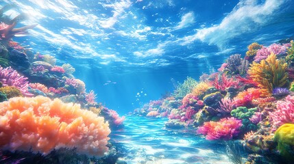 A breathtaking underwater scene showcasing a vibrant coral reef teeming with colorful fish and corals Perfect for travel brochures or marine life documentaries