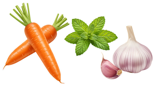 Fresh carrot, mint leaves, and garlic bulb placed on a white background looking vibrant, healthy, and perfect for seasoning, cooking, and healthy recipes.